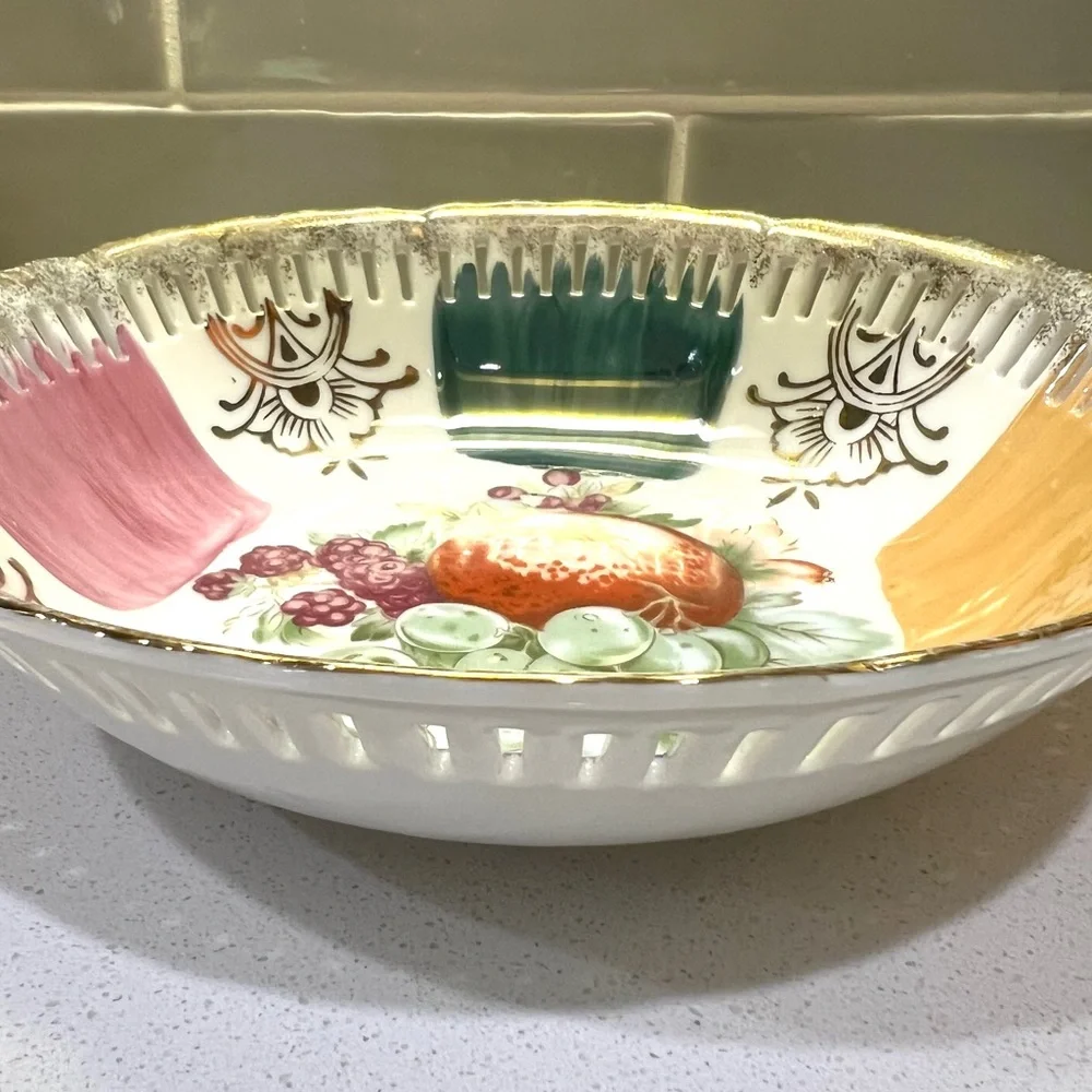 Hand-Painted Fruit Bowl Reticulated Pierced Rim Lusterware Made in Japan Vintage